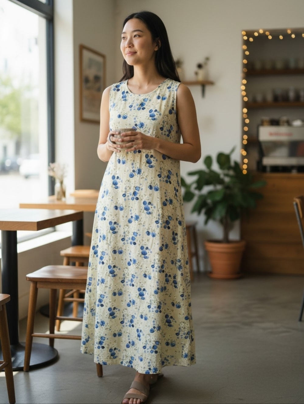 VTG Studio Ease Sleeveless Cream Maxi Dress Blue Floral Y2k 90s Feminine Size 16
